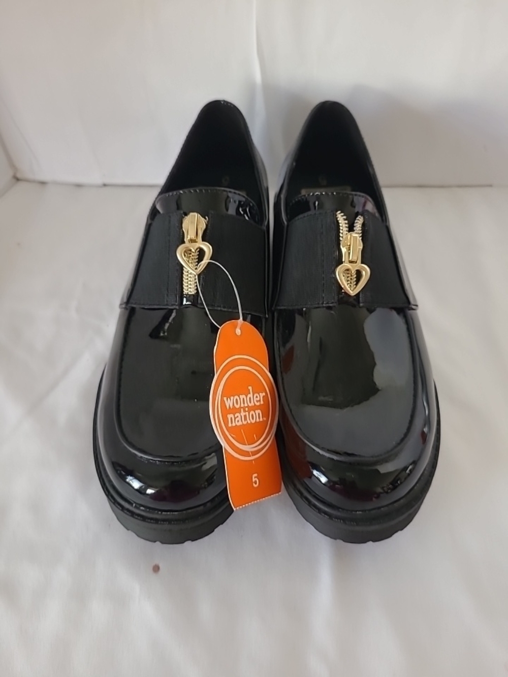 Wonder Nation Black Patent Loafers with Gold Heart Zippers